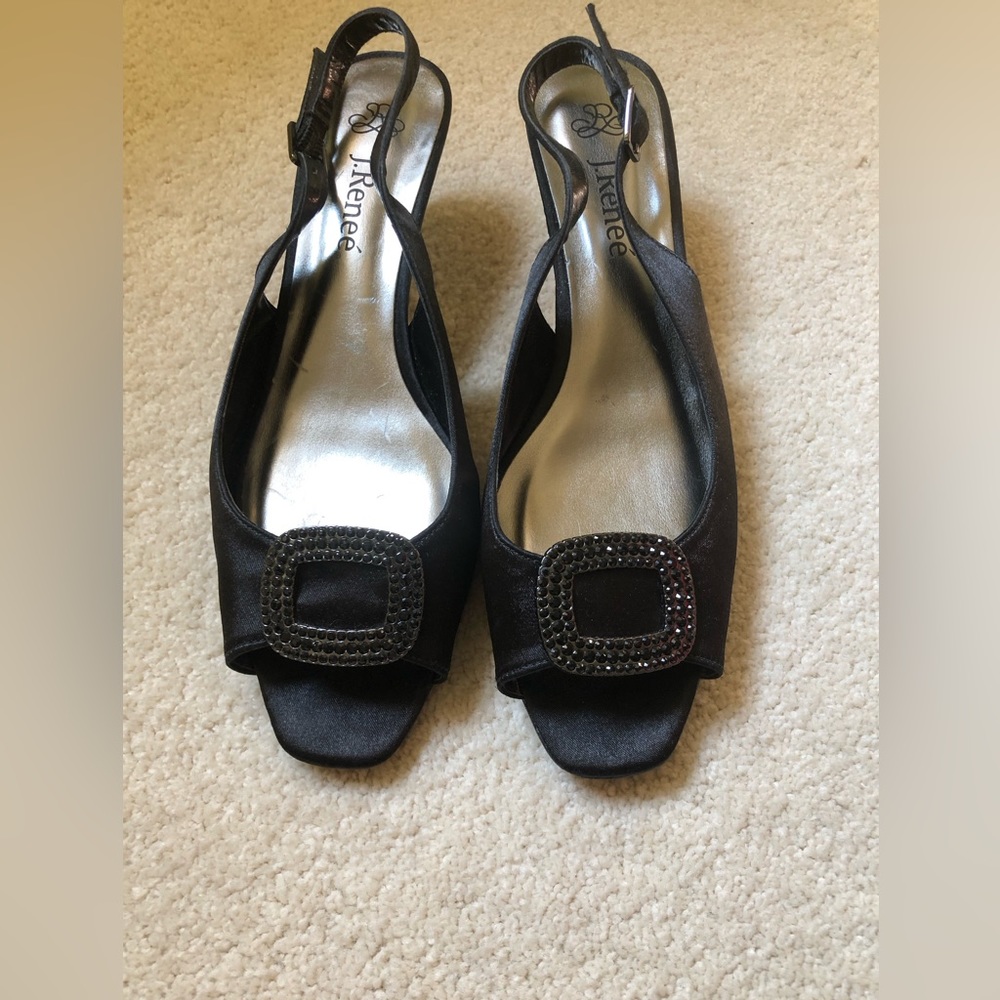J. Renee Black Satin Beaded Evening Slingbacks